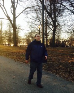 Ira Wahrman practicing walking backwards in Rego Park.